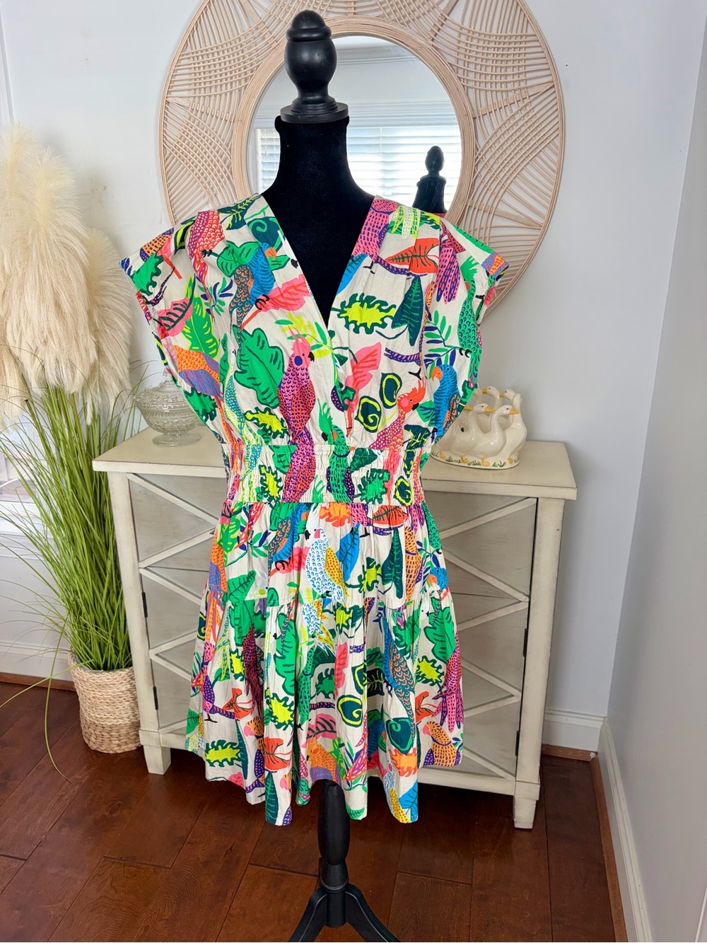 Oliphant Sloane Smocked Waist Tropical-Print Mini Dress
